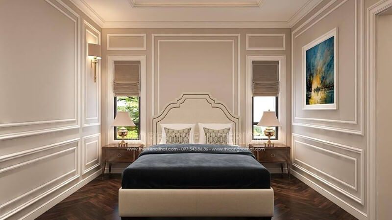 Bố trí nội thất phòng ngủ tân cổ điển sang trọng, thông thoáng với hệ cửa đầu giường giúp không gian luôn được thông thoáng.