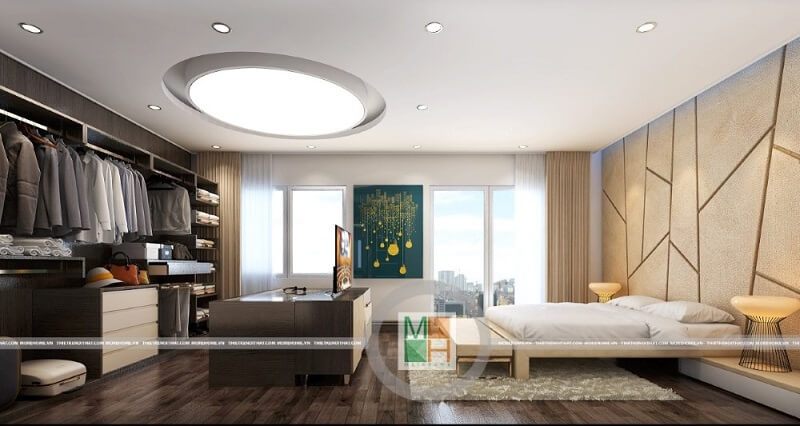 . Mẫu thiết kế phòng ngủ đẹp cho chung cư với đồ nội thất gỗ công nghiệp cao cấp sẽ làm cho căn phòng ngủ trở nên sang trọng hơn. Đồ nội thất bao gồm giường ngủ gỗ, tủ quần áo âm tường, tạp đầu giường, bàn trang điểm kết hợp với trần thạch cao lông lẫy.